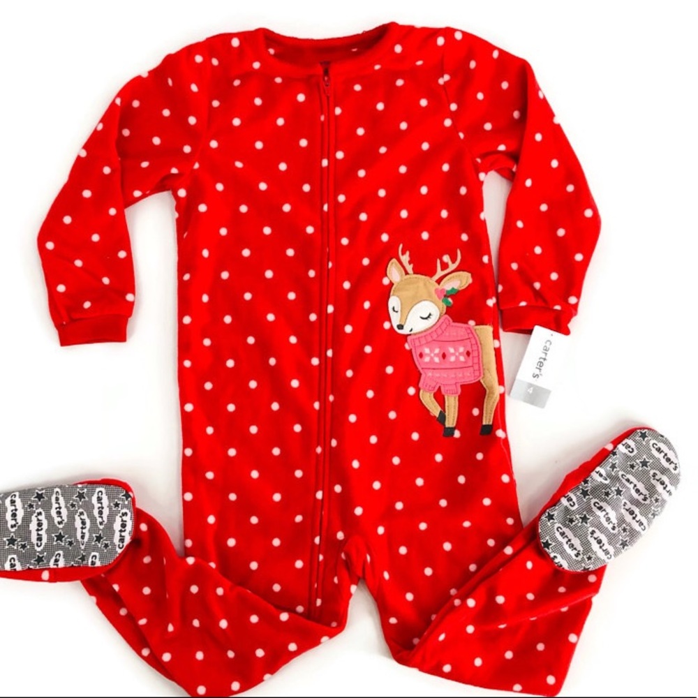 NWT Red Polka-Dot & Reindeer Footie Pajamas Size 4